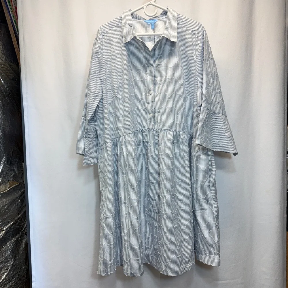 Draper James Sheena Shirtdress Women 3X Blue White Textured Stripe New